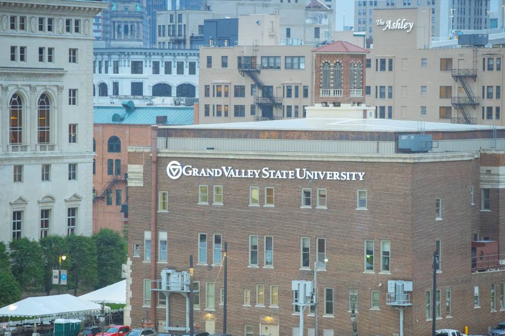 Overview of Grand Valley building next to Comerica park